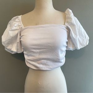 Zara women's White Puff sleeve Ribbed cotton Crop Top NWT size Medium